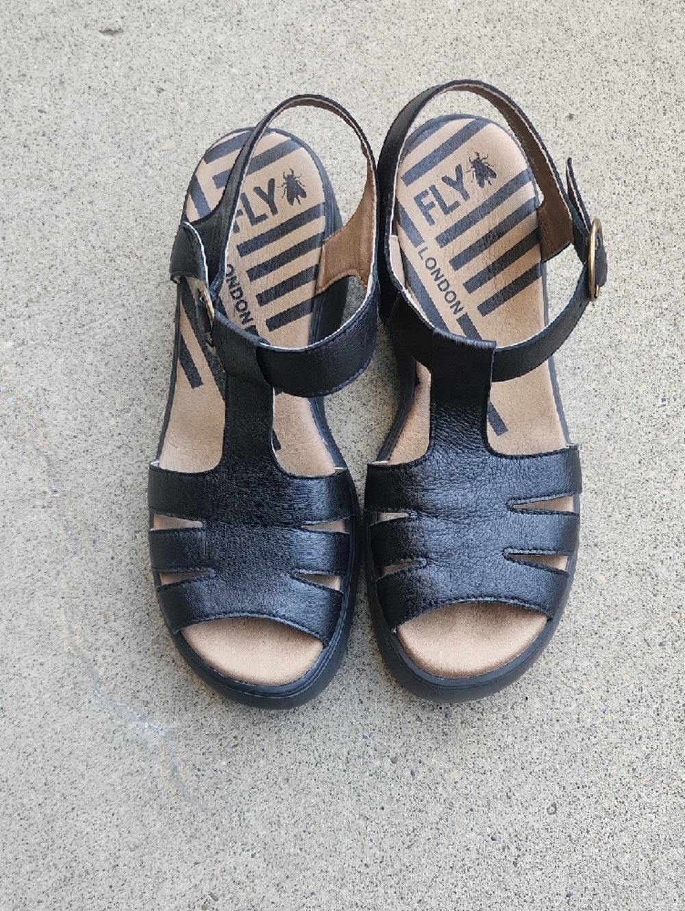 Fly London Black Leather Wedge Sandals with Buckle - Picture 2 of 9